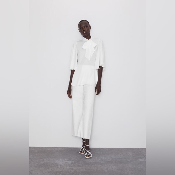 Zara White Peplum Blouse Batwing Sleeve Necktie Bow Size Small - Picture 2 of 15